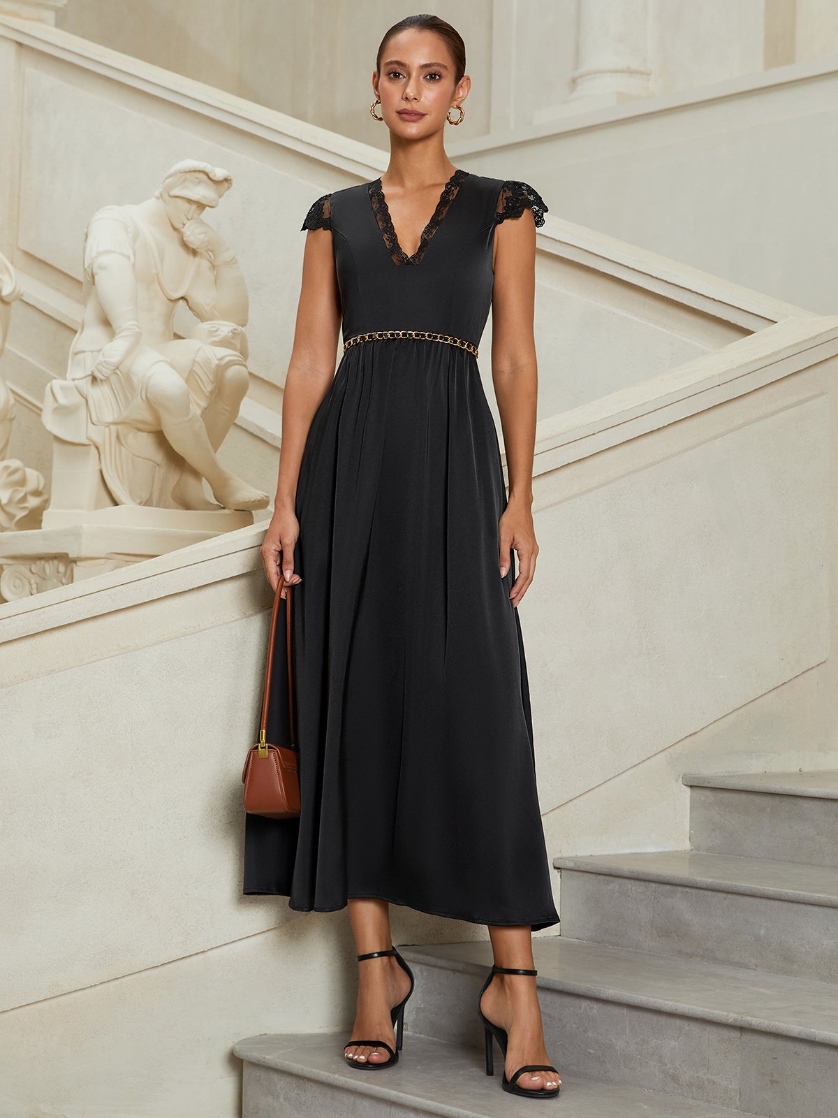 Black Lace Satin V Neck Short Sleeve A-Line Midi Dress