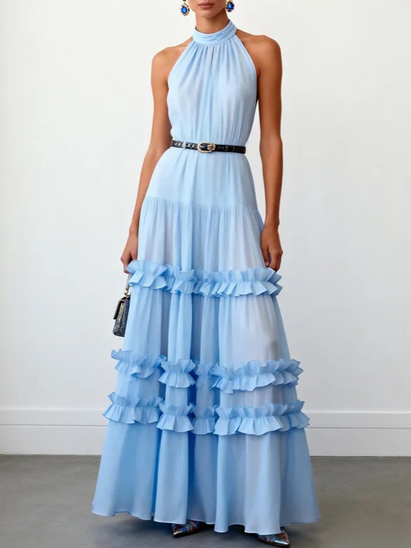Blue Ruffled Chiffon Halter Sleeveless A-Line Maxi Dress