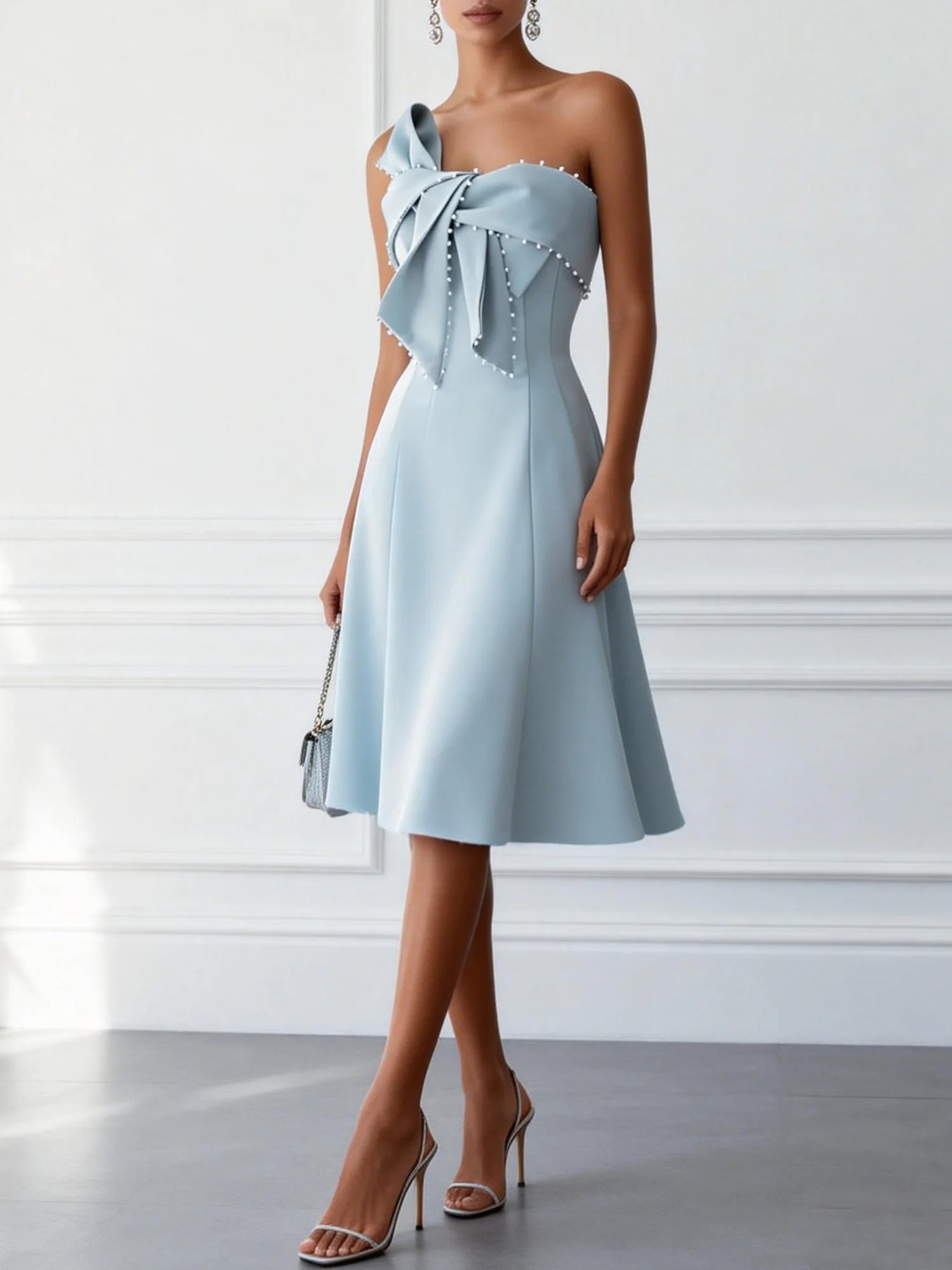 Light Blue Bow Faux Pearl Classic Strapless Sleeveless A-Line Midi Dress