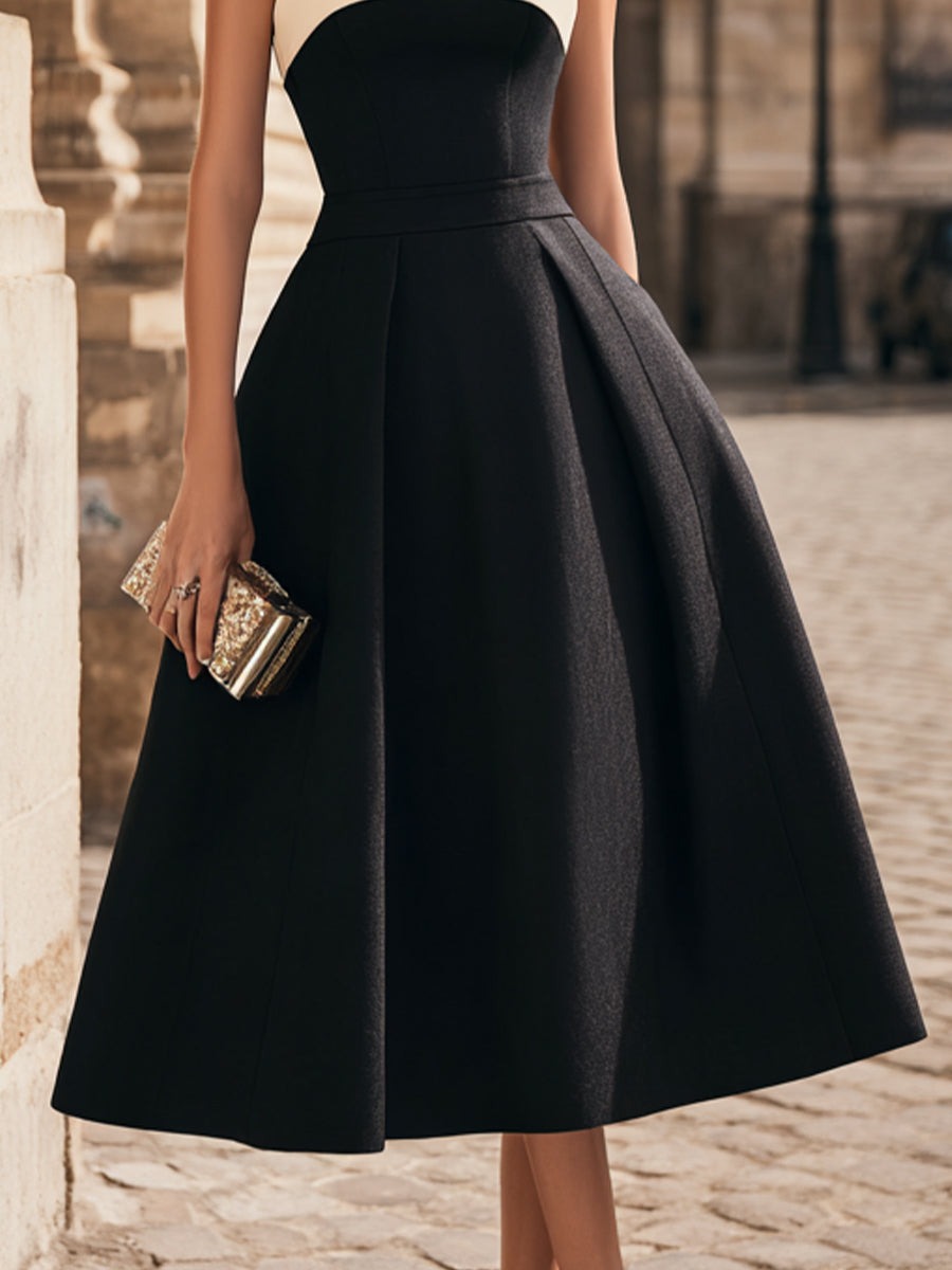 Black Halter Neck Contrast Panel A-Line Midi Dress