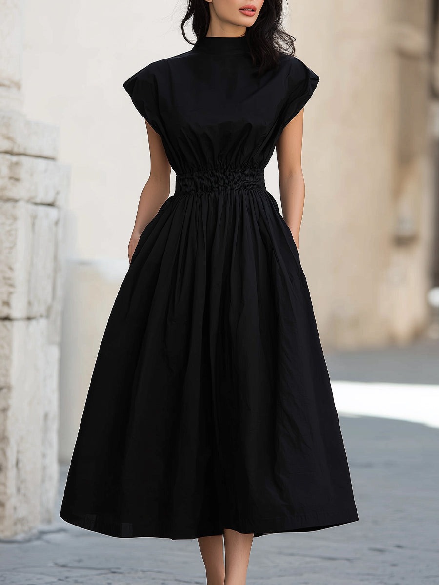Black High Neck Smocked Waist Midi Dress