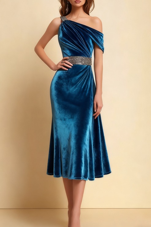 Formal Dress Blue Sheath One Shoulder Belted Velvet Midi Dress