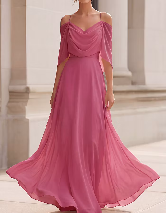 Blush Pink Off-the-Shoulder Cowl Neck Chiffon Maxi Dress