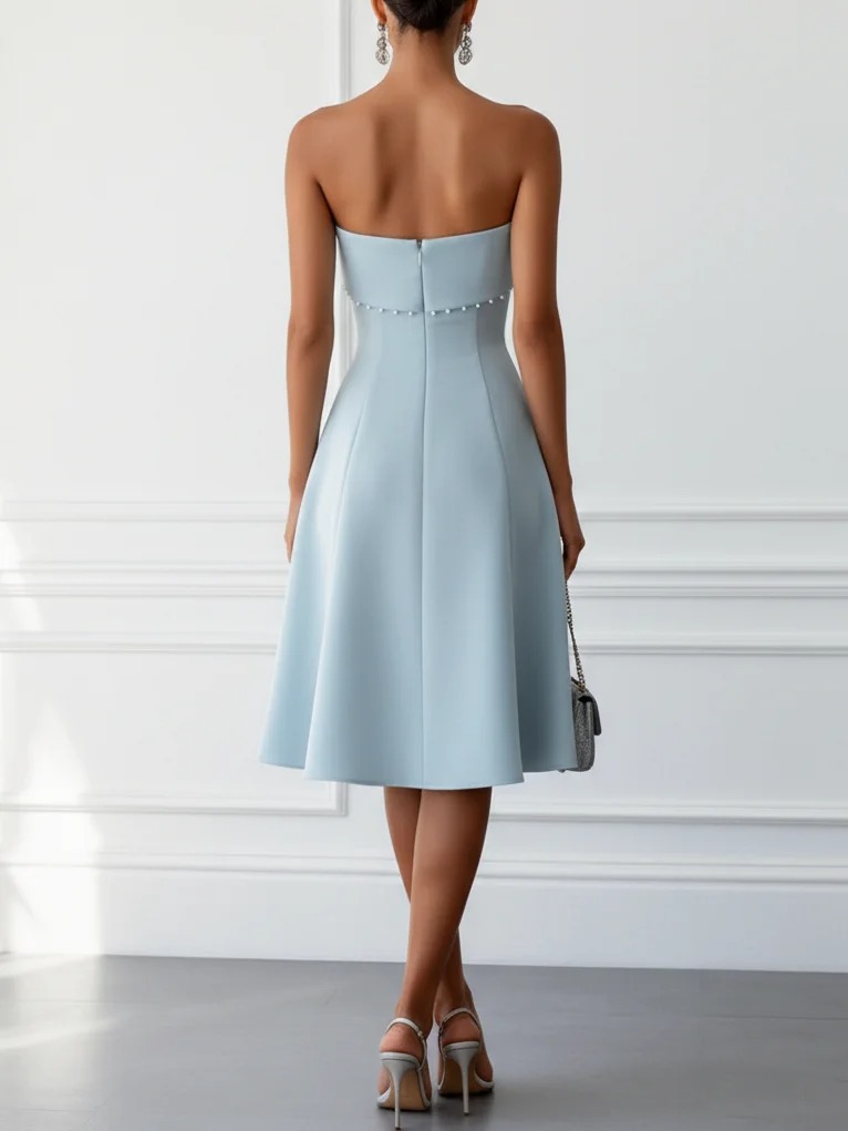 Light Blue Bow Faux Pearl Classic Strapless Sleeveless A-Line Midi Dress