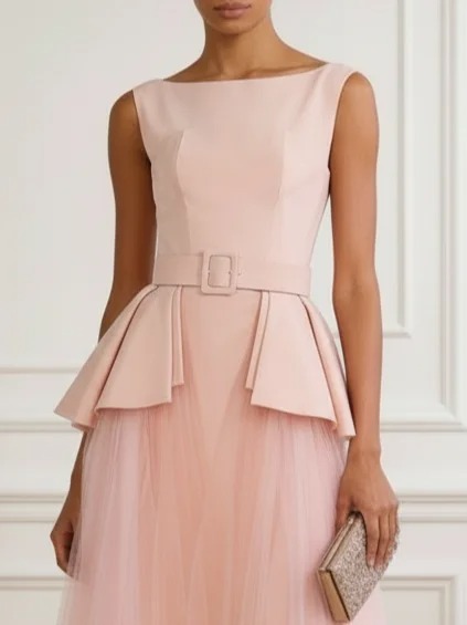 Pink Peplum Split Joint Classic Boat Neck Sleeveless A-Line Midi Dress