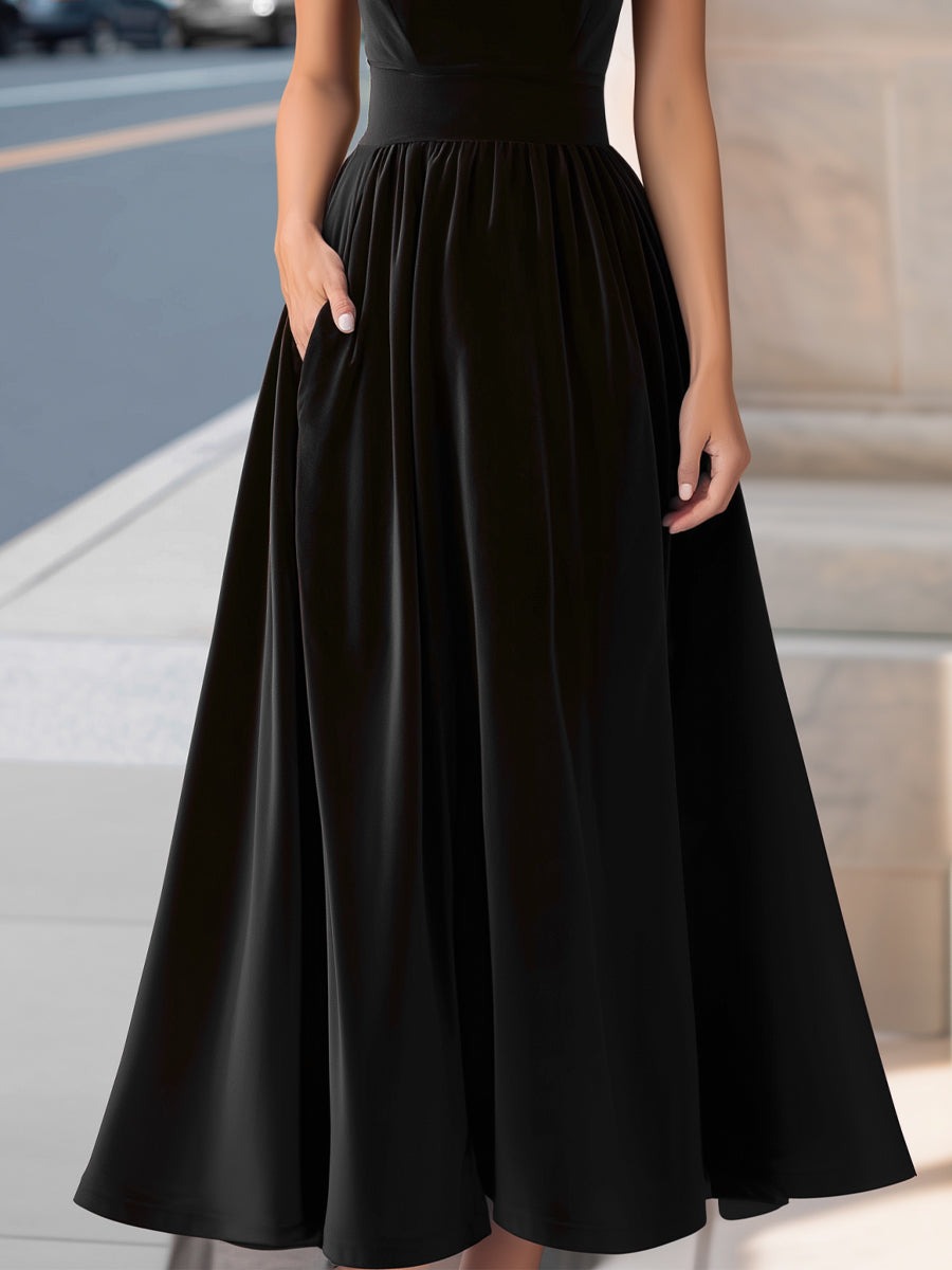 Black Velvet Boat-Neck Sleeveless A-Line Evening Gown