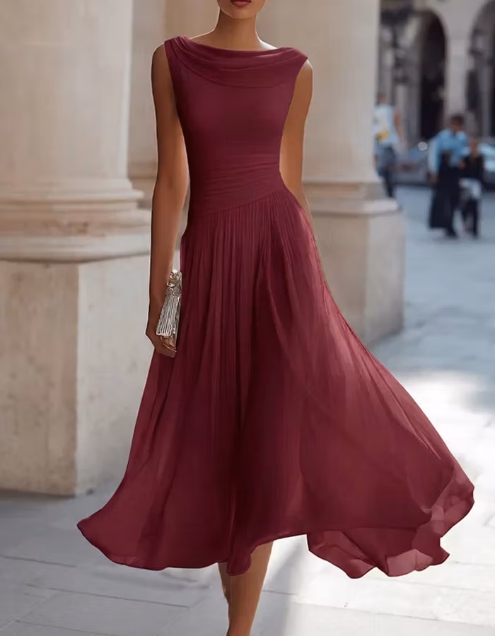 Draped Neck Chiffon Midi Dress