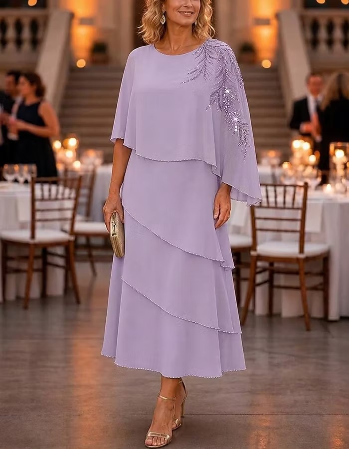Beaded Chiffon Overlay Layered Midi Dress