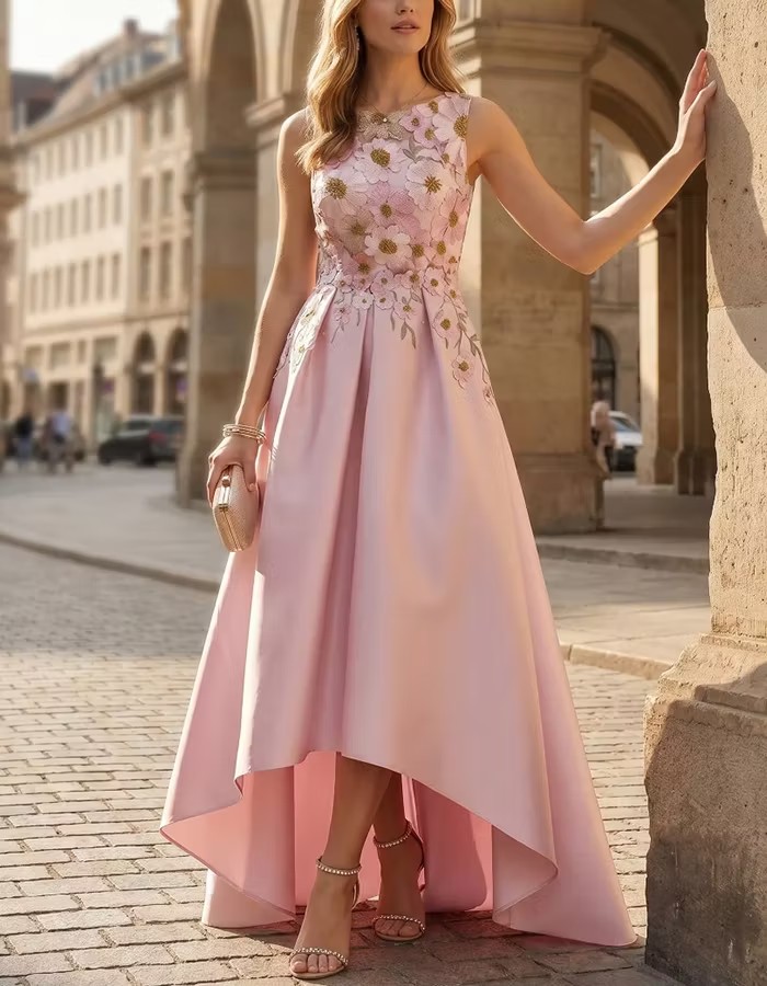 Sleeveless Floral Embroidered High-Low Satin Evening Dress