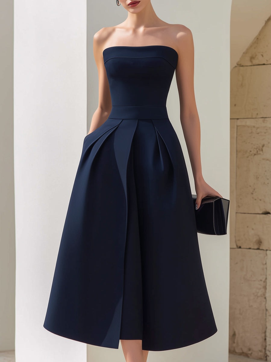 Navy Blue Strapless Structured A-Line Pleated Midi Dress