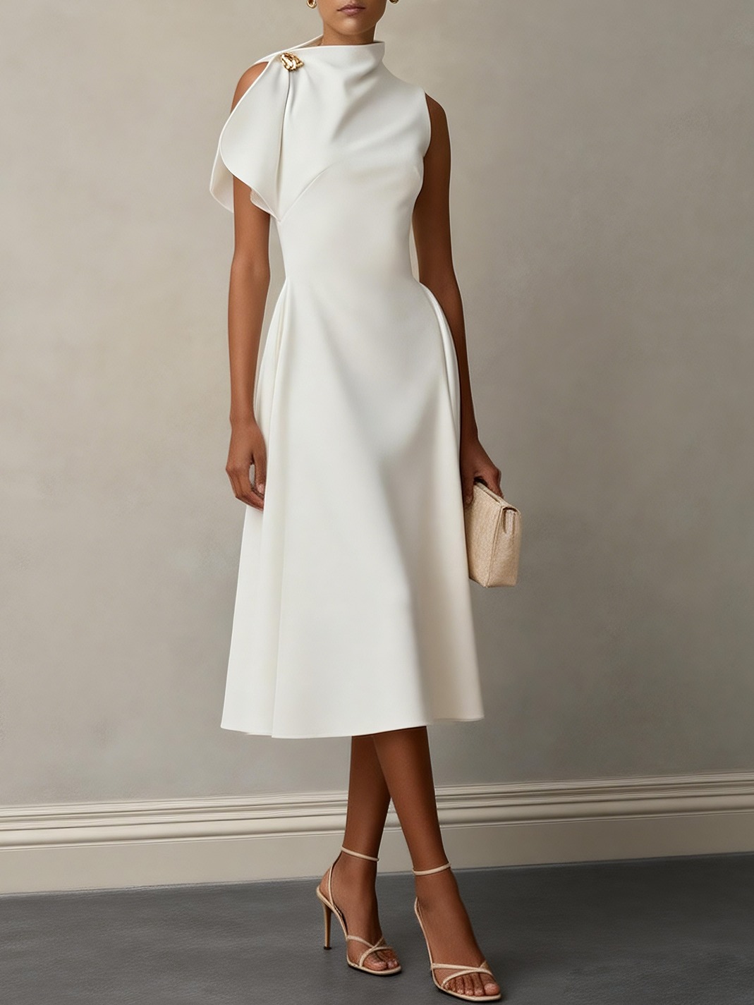 White Buckle Classic Mock Neck Short Sleeve A-Line Midi Dress