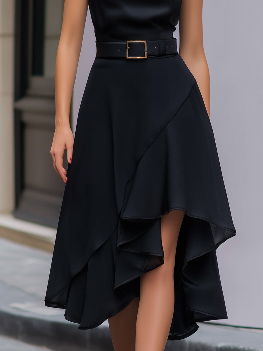 Black Draped Cowl-Neck Belted Asymmetrical Satin Midi Dress
