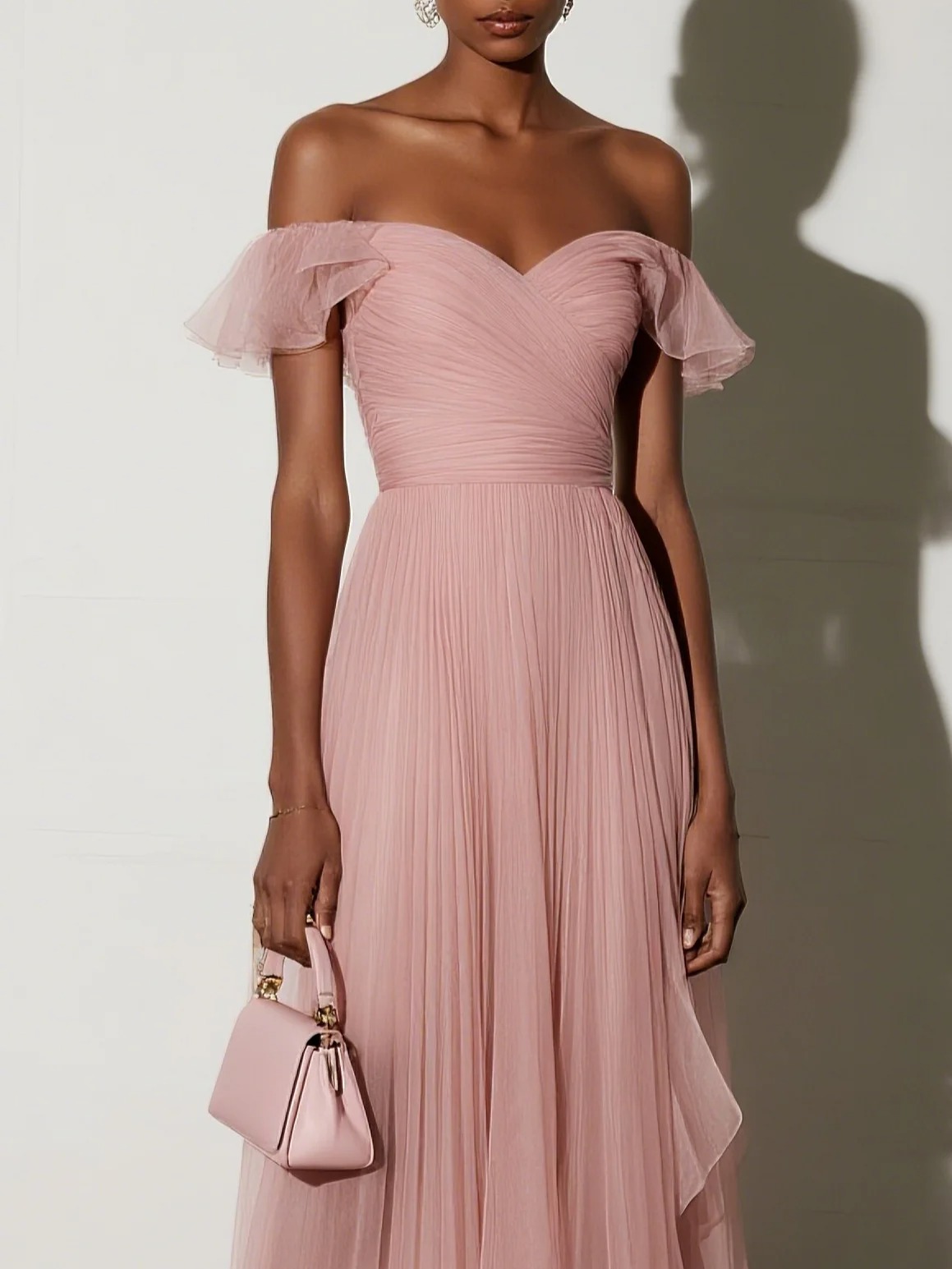 Pink Ruffled Pleated Tulle Off The Shoulder Short Sleeve A-Line Gown Dress