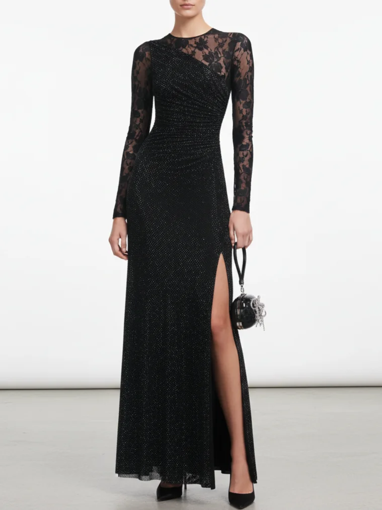 Black Hot Drilling Lace Classic Crew Neck Long Sleeve Sheath Maxi Dress