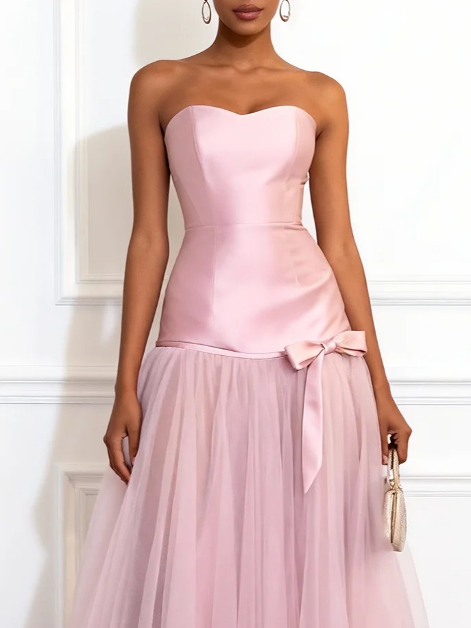Pink Bow Mesh Satin Strapless Sleeveless A-Line Maxi Dress