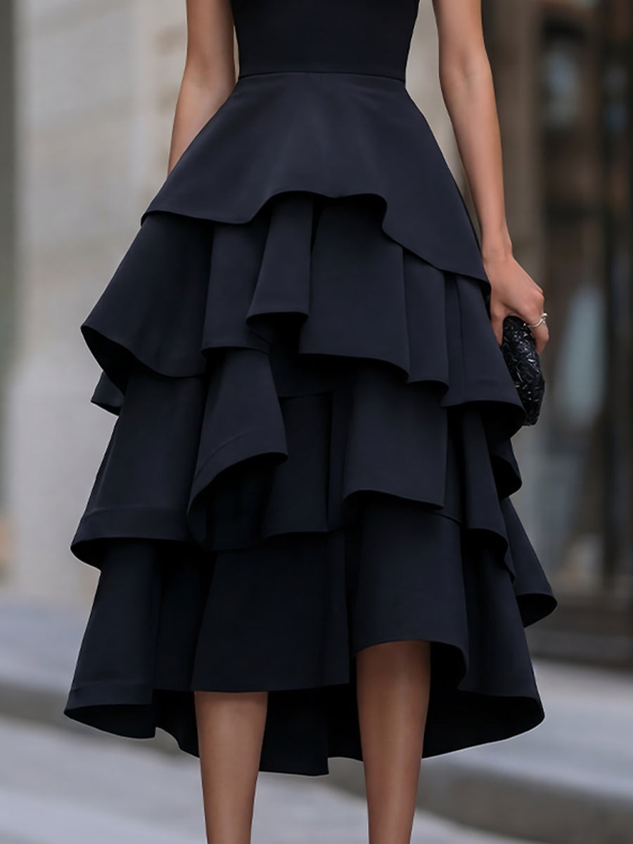 Black Halter-Neck Tiered Ruffle Midi Dress