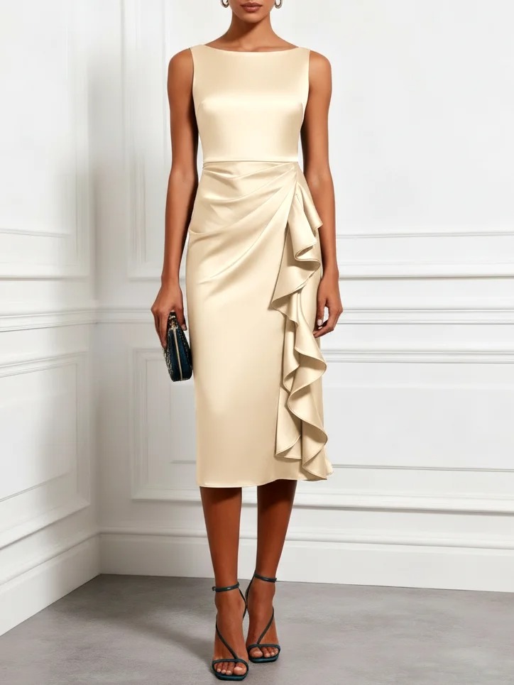 Apricot Ruffled Satin Boat Neck Sleeveless Sheath Midi Dress