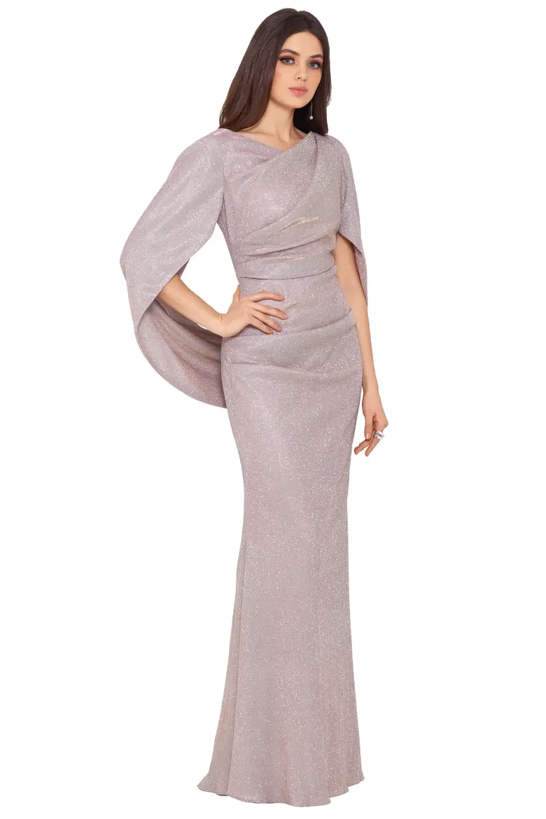Glitter Knit Cape-Sleeve Long Evening Gown