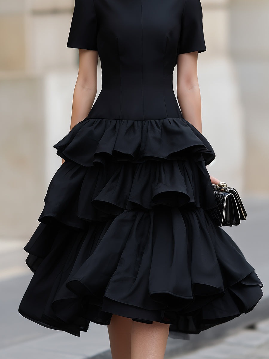 Black High Neck Tiered Ruffle Midi Dress