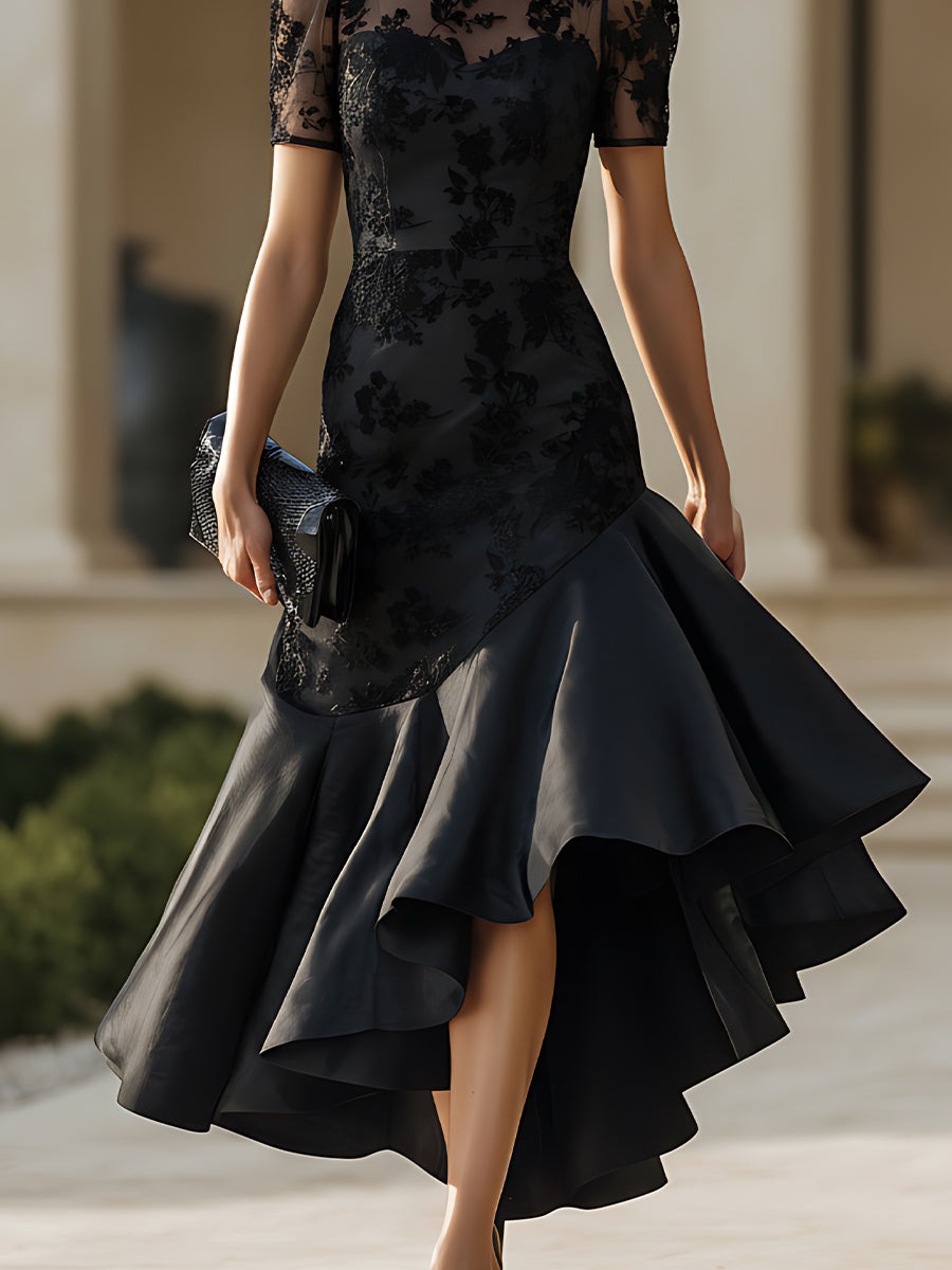 Black Sheer Neckline High-Low Midi Dress With Sculpted Silhouette