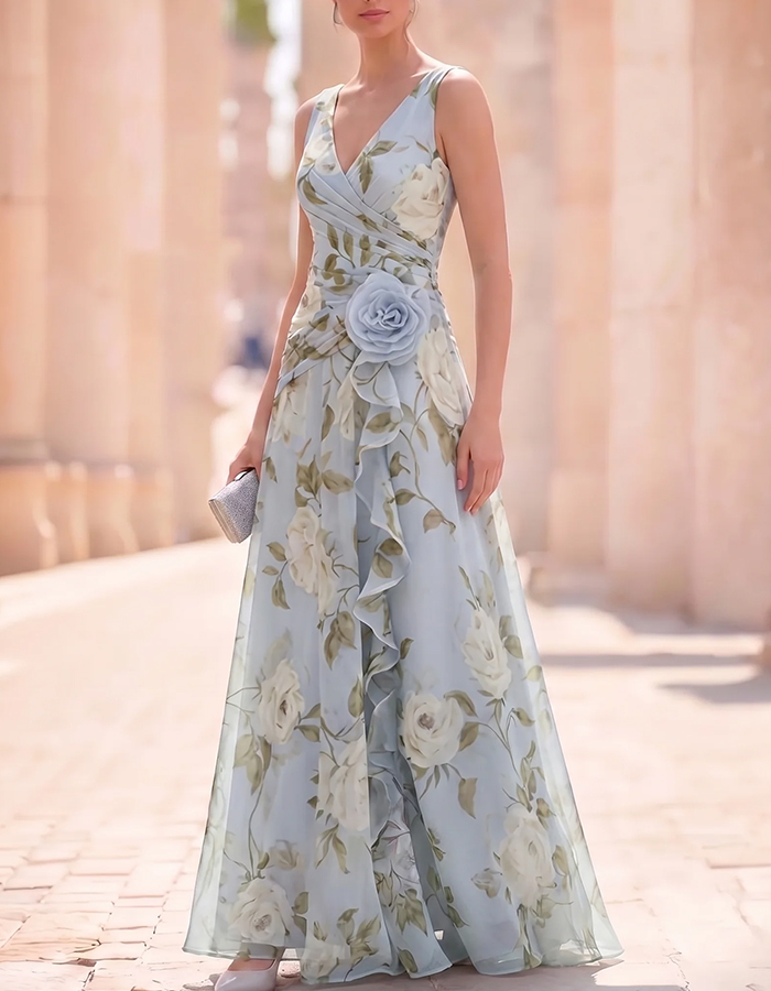 Floral Chiffon V-Neck with 3D Flower Maxi Dress