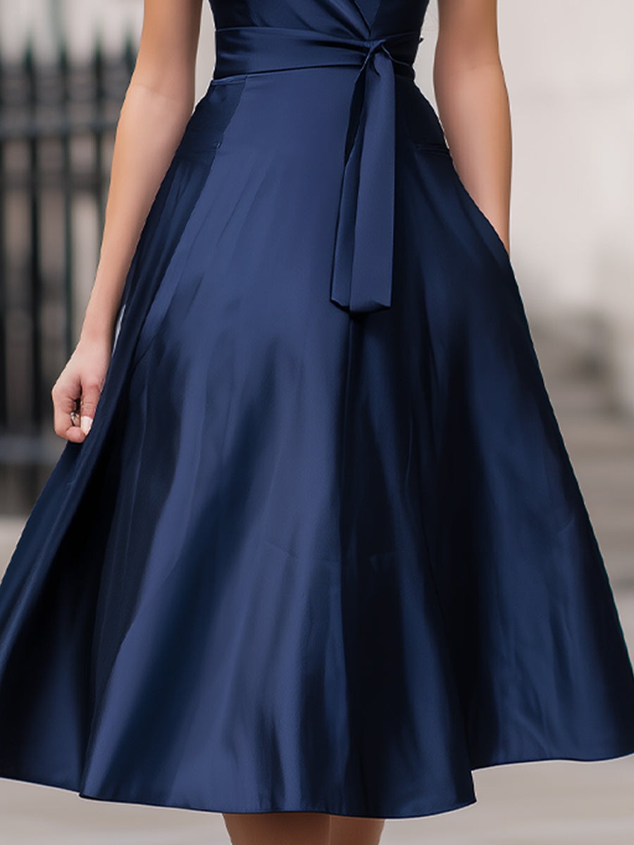 Navy Satin Wrap Midi Dress – Timeless Elegance With A Flattering Silhouette