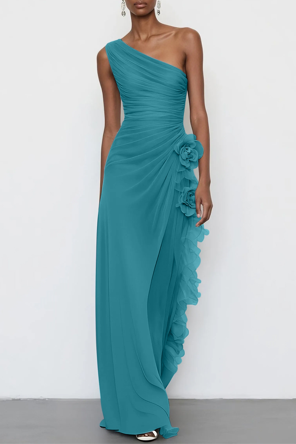 Light Blue 3D Floral Chiffon One Shoulder Sleeveless Sheath Maxi Dress