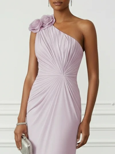 Purple Gathered 3D Floral Knit One Shoulder Sleeveless Sheath Maxi Dress