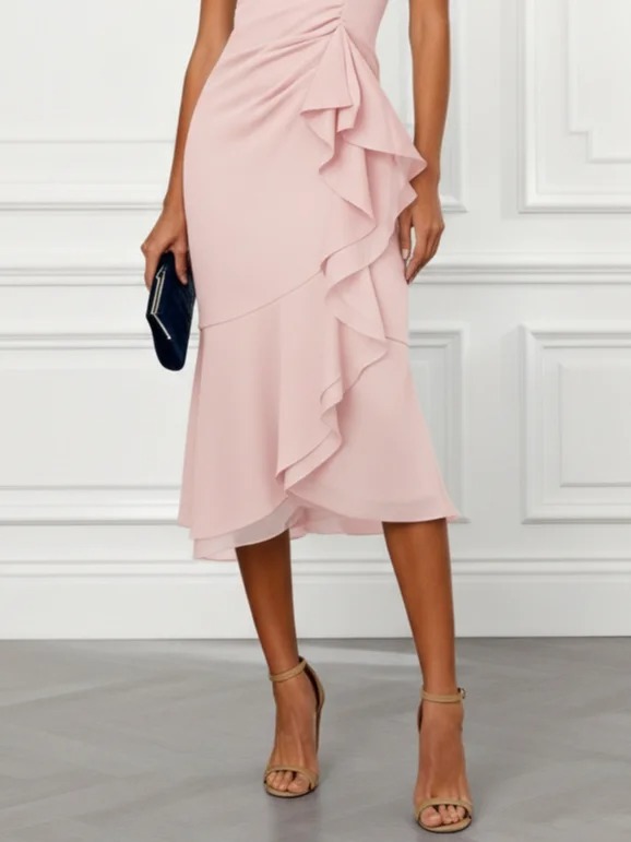 Pink Ruffled Chiffon Halter Sleeveless A-Line Midi Dress