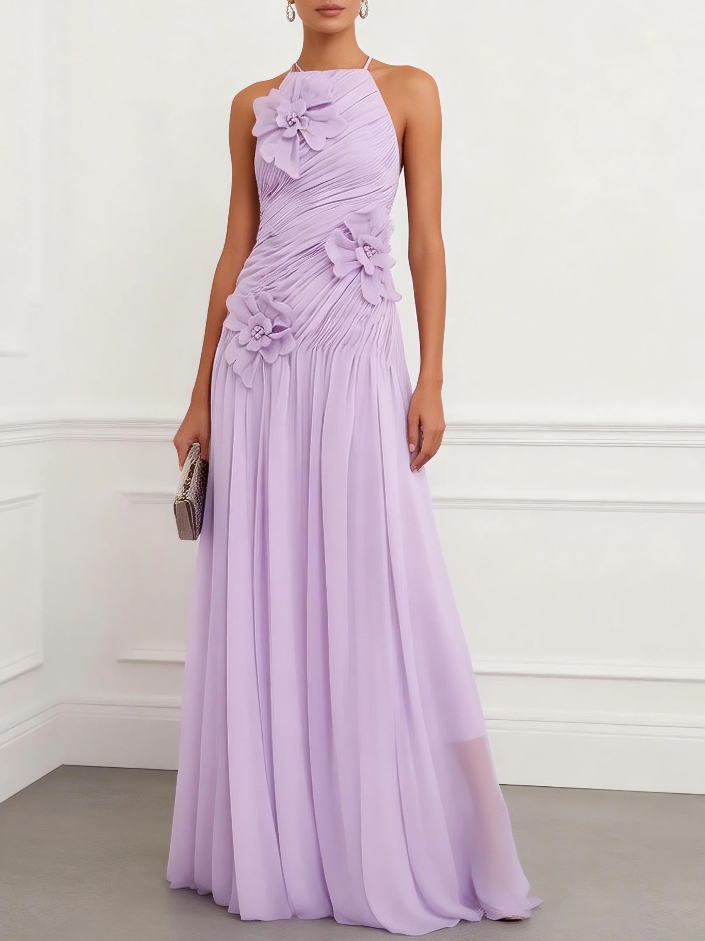 Lavender 3D Floral Ruched Chiffon Halter Sleeveless A-Line Maxi Dress