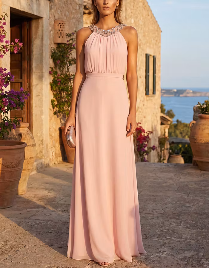 Light Pink Halter Neck Ruched Chiffon A-Line Maxi Dress