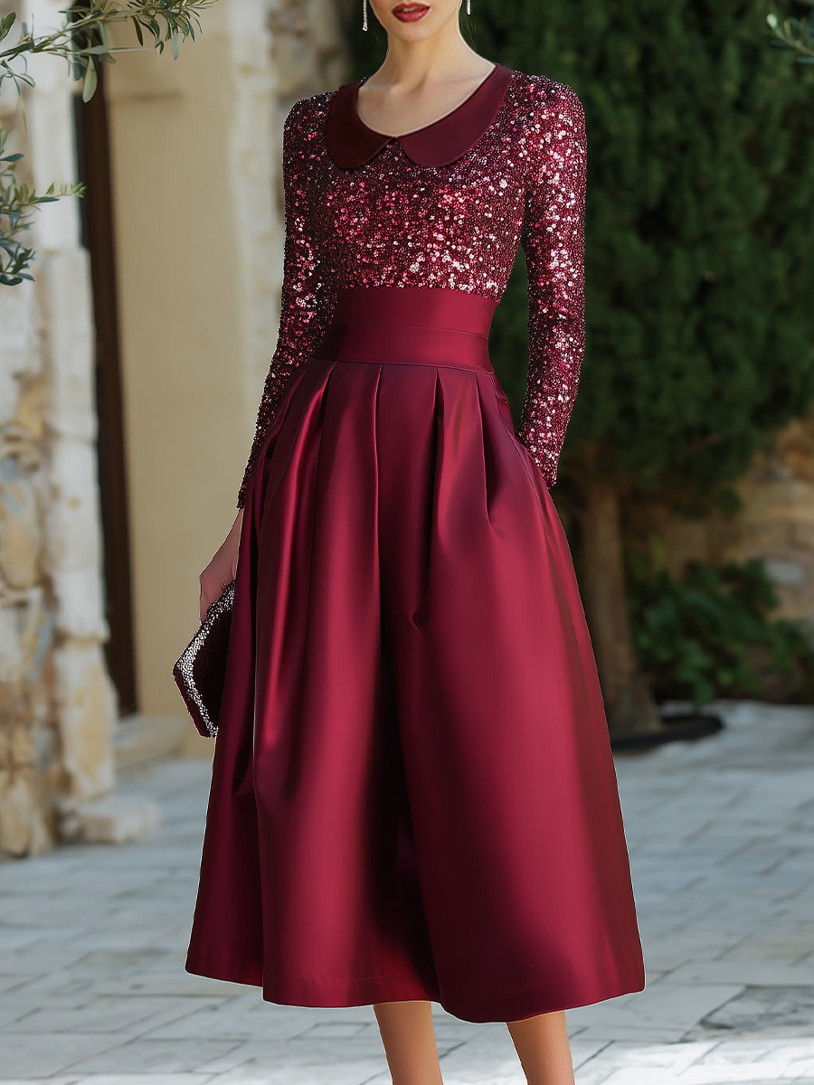 Burgundy Sequin Bodice Midi Dress With Structured Waist