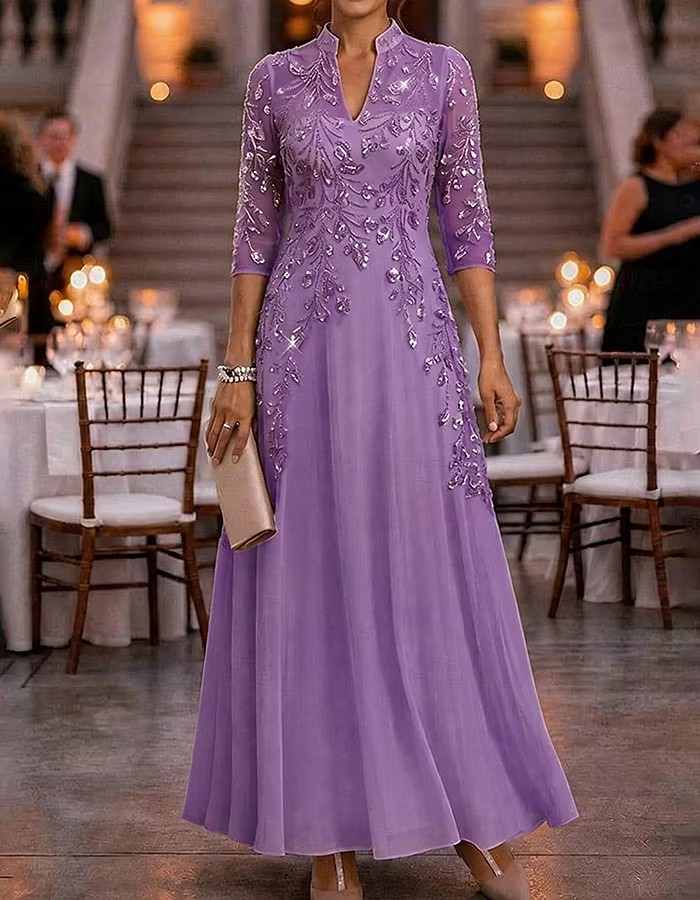 Stand Collar Half Sleeve Beaded Chiffon Evening Gown