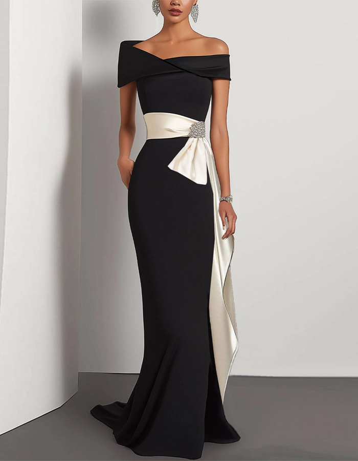 Formal Dress Green One-Shoulder Rhinestone Waist Belt Maxi Dress
