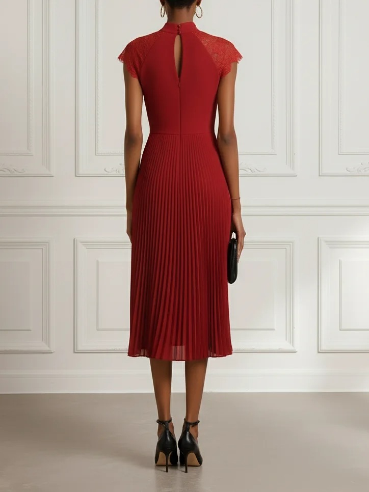 Red Lace Pleated Classic Mock Neck Cap Sleeve A-Line Midi Dress