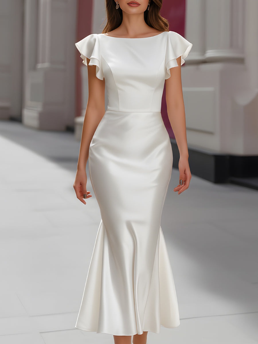 White Satin Flutter-Sleeve Mermaid Dress