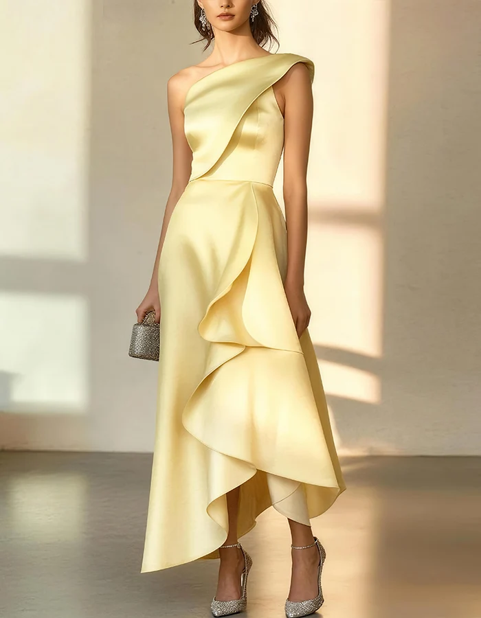 One-Shoulder Ruffle-Trim Satin Evening Gown