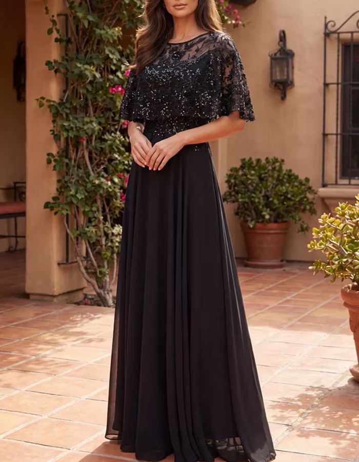 Sequin Floral Embroidered Capelet Chiffon Maxi Dress