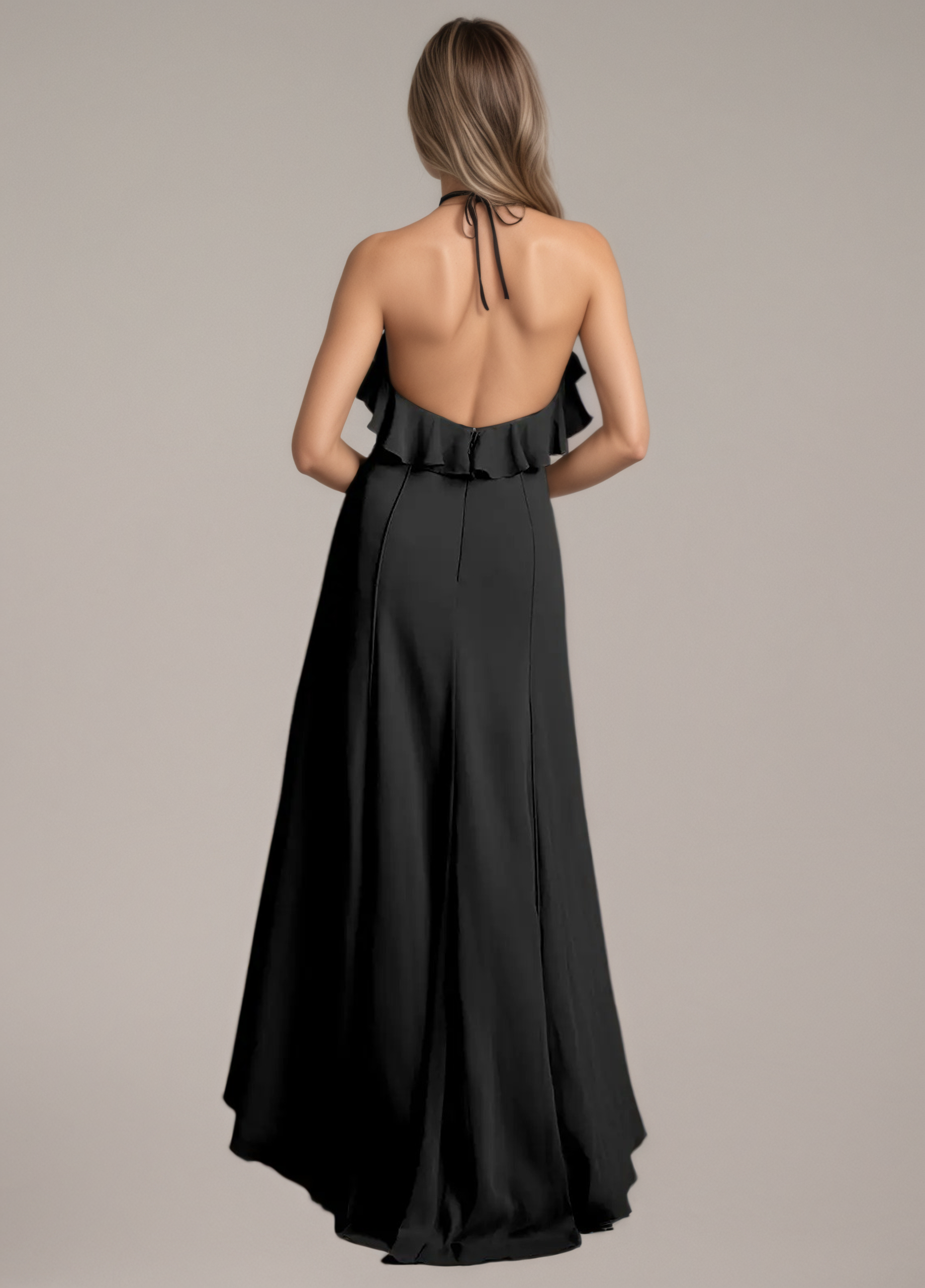 Black Halter Ruffle Asymmetrical Gown