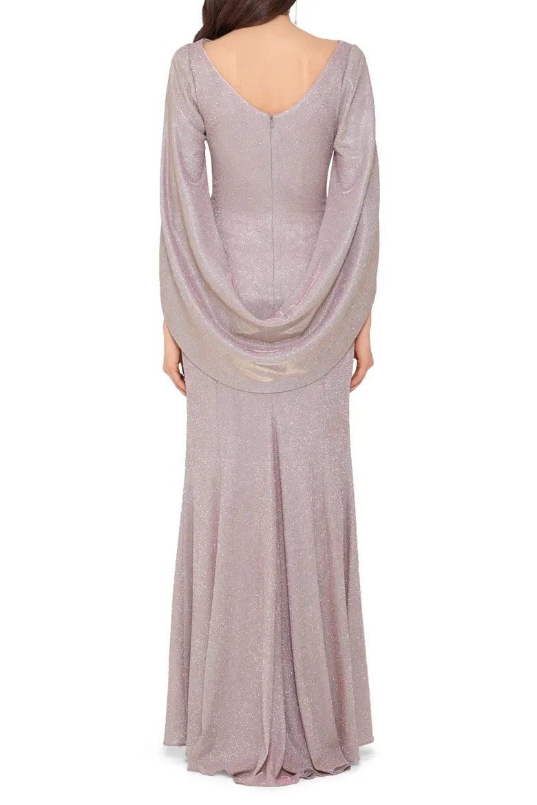 Glitter Knit Cape-Sleeve Long Evening Gown