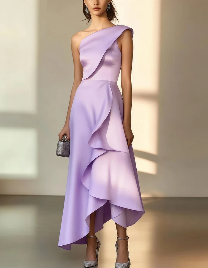 One-Shoulder Ruffle-Trim Satin Evening Gown