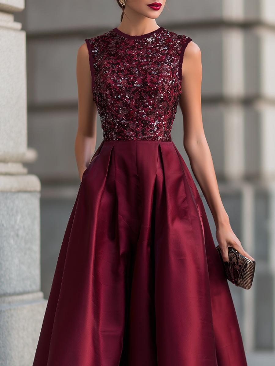 Burgundy Embellished Sleeveless Pleated Midi Dress