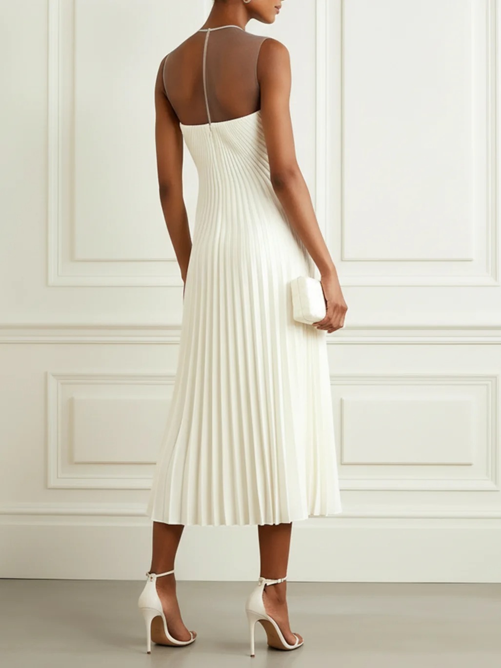 White Pleated Lace Classic Crew Neck Sleeveless A-Line Midi Dress