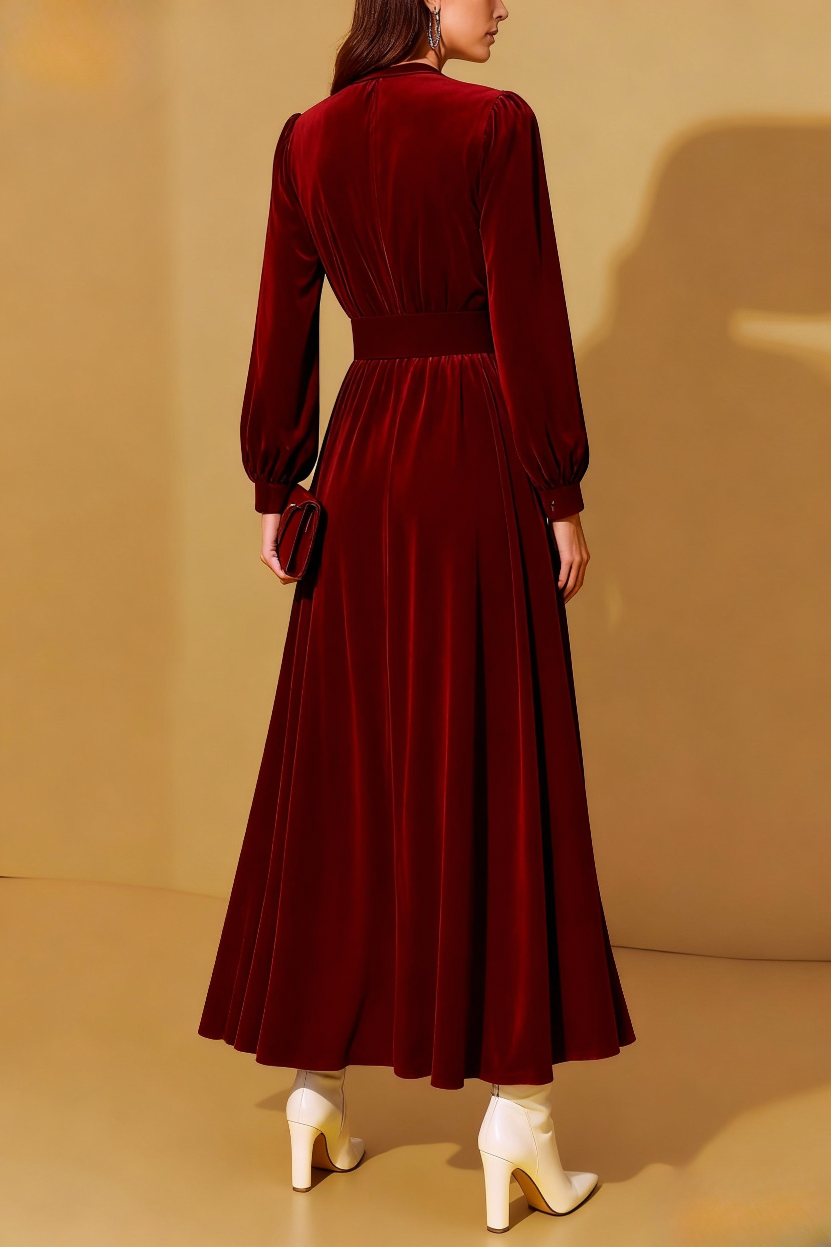 Formal Dress Burgundy V-Neck Long Sleeve Velvet Maxi Dress