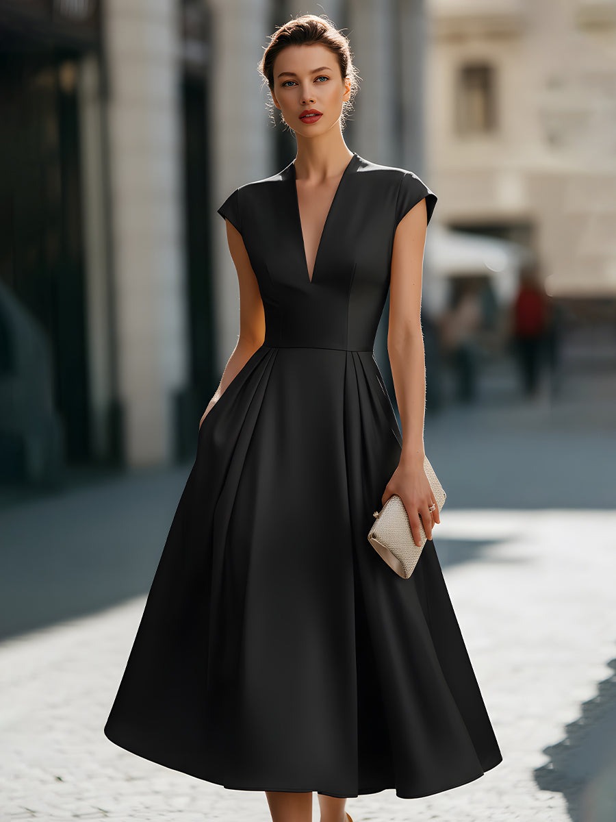 Black Cap-Sleeve Deep V-Neck Pleated Midi Dress