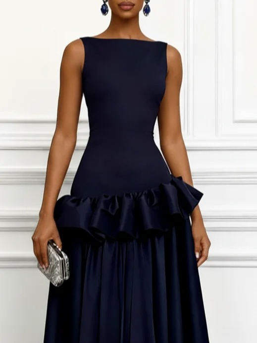 Navy Blue Ruffled Satin Boat Neck Sleeveless A-Line Maxi Dress