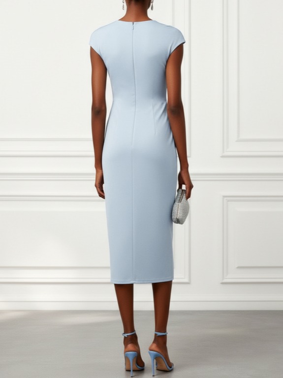 Light Blue Gathered Rhinestone Knit Asymmetrical Cap Sleeve Bodycon Midi Dress