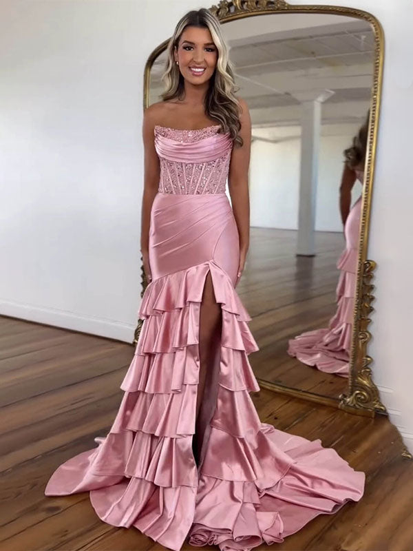 Pink Mermaid Strapless Satin Tiered Long Prom Dress with Sequins
