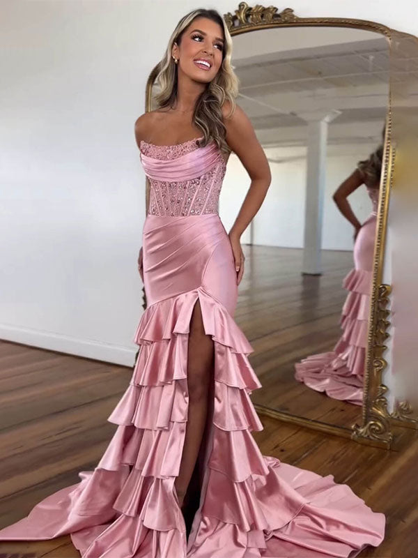 Pink Mermaid Strapless Satin Tiered Long Prom Dress with Sequins