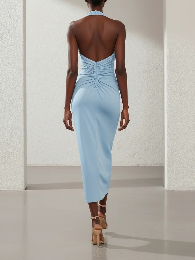 Blue Ruched Knit Halter Sleeveless Bodycon Midi Dress